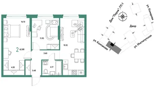 Планировка 2-комн. квартира, 62.88 м² ЖК «Страна.Парковая»