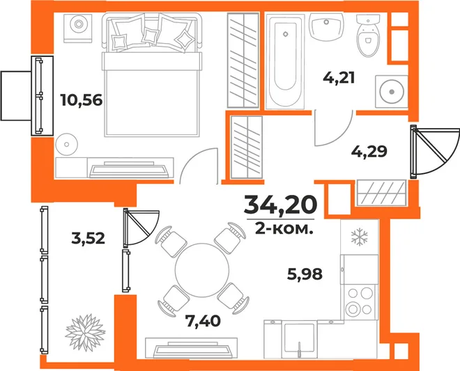 Планировка 2-комн. квартира, 34.2 м² ЖК «Живописный сад» Планировка 2-комн. квартира, 34.2 м² ЖК «Живописный сад»