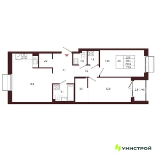 Планировка 2-комн. квартира, 70.5 м² ЖК «Лисино»