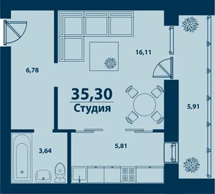 Планировка 1-комн. квартира, 35.3 м² ЖК «Город природы»