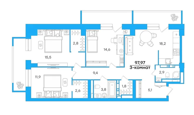 Планировка 3-комн. квартира, 97.87 м² ЖК «Художники» Планировка 3-комн. квартира, 97.87 м² ЖК «Художники»