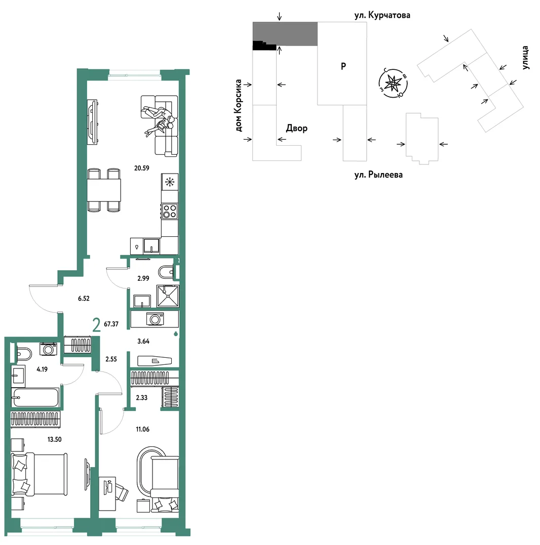 Планировка 2-комн. квартира, 67.55 м² ЖК «Остров-сад»