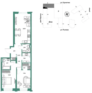 Планировка 2-комн. квартира, 67.55 м² ЖК «Остров-сад»