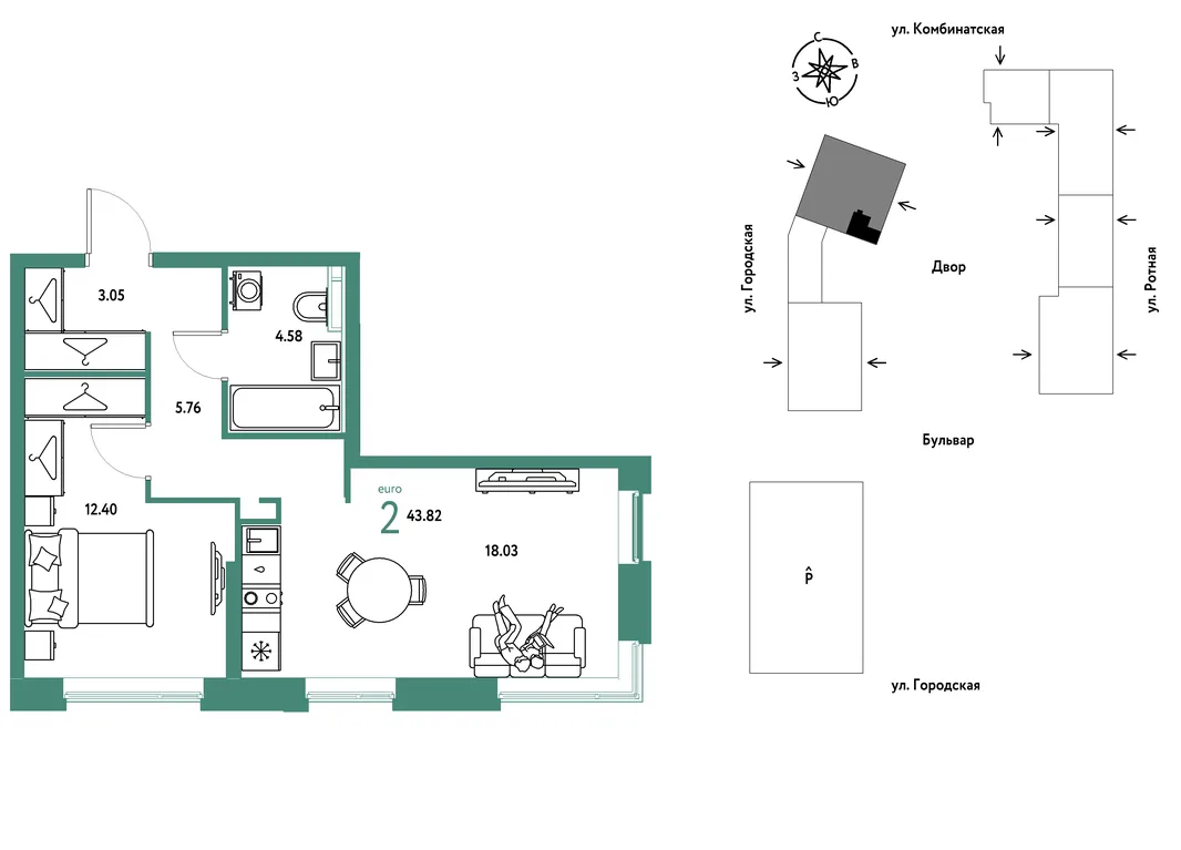 Планировка 2-комн. квартира, 43.82 м² ЖК «Уральский сад»