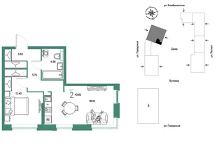 Планировка 2-комн. квартира, 43.82 м² ЖК «Уральский сад»