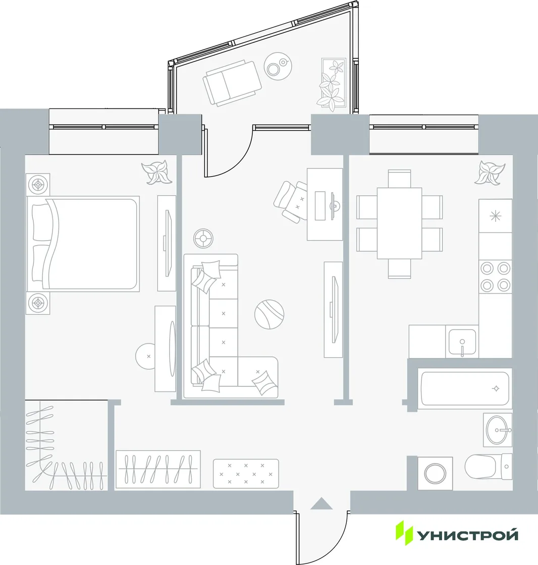 Планировка 2-комн. квартира, 51.94 м² ЖК «Причал»