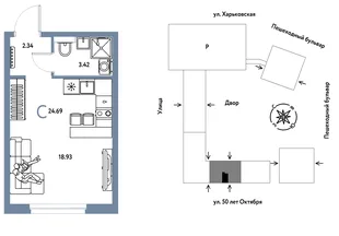 Планировка Студия, 24.69 м² ЖК «Сердце Сибири»