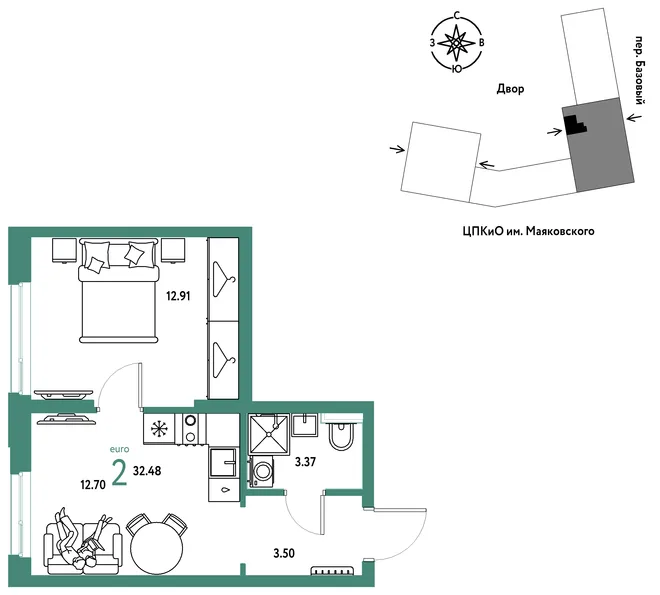 Планировка 2-комн. квартира, 32.48 м² ЖК «Сибирский сад» Планировка 2-комн. квартира, 32.48 м² ЖК «Сибирский сад»