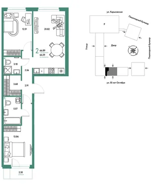 Планировка 2-комн. квартира, 66.89 м² ЖК «Сердце Сибири»