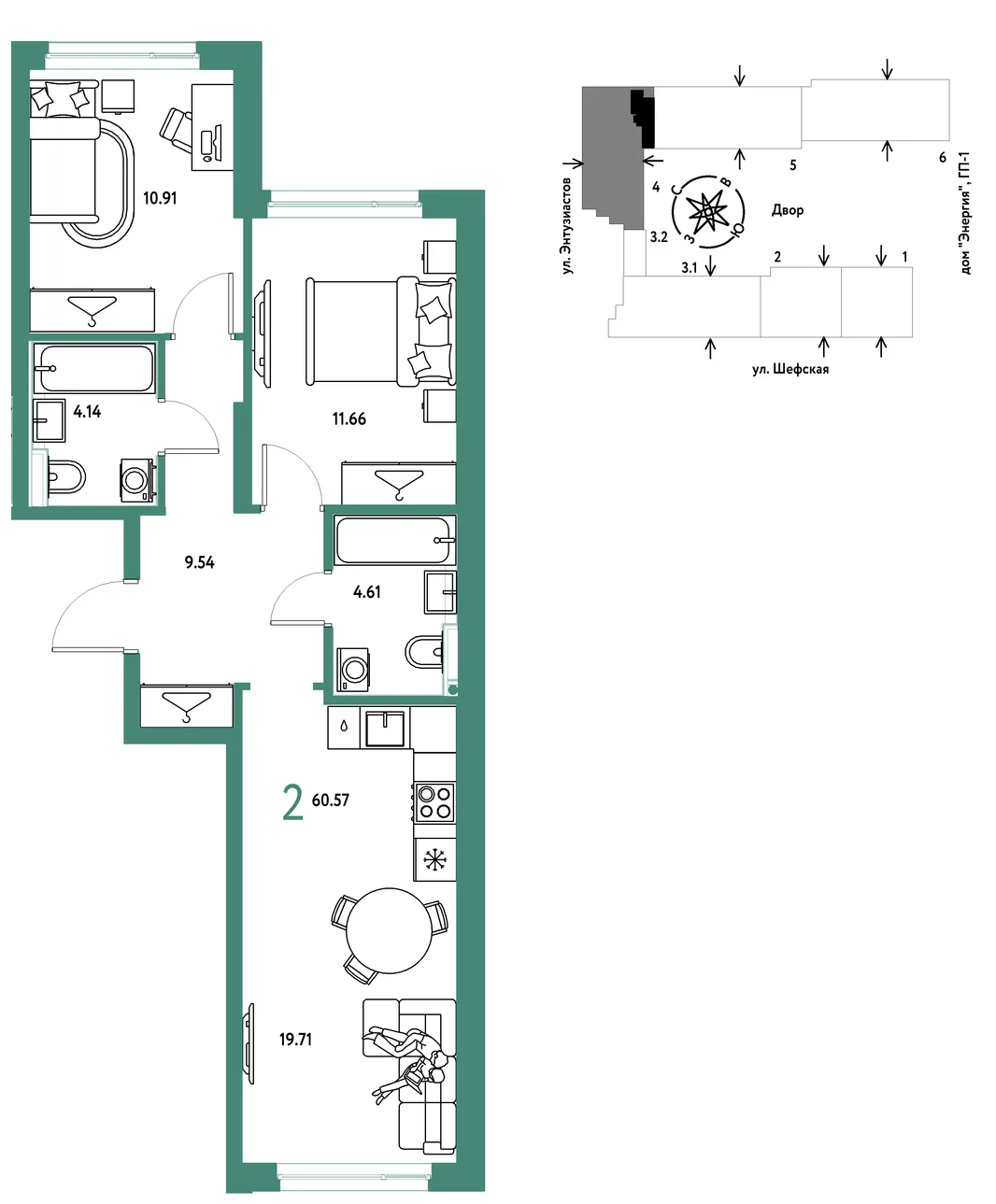 Планировка 2-комн. квартира, 60.57 м² ЖК «Страна.Энтузиастов»