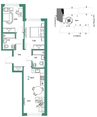 Планировка 2-комн. квартира, 60.57 м² ЖК «Страна.Энтузиастов»