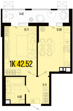Планировка 1-комн. квартира, 39.31 м² ЖК «Цветной бульвар»