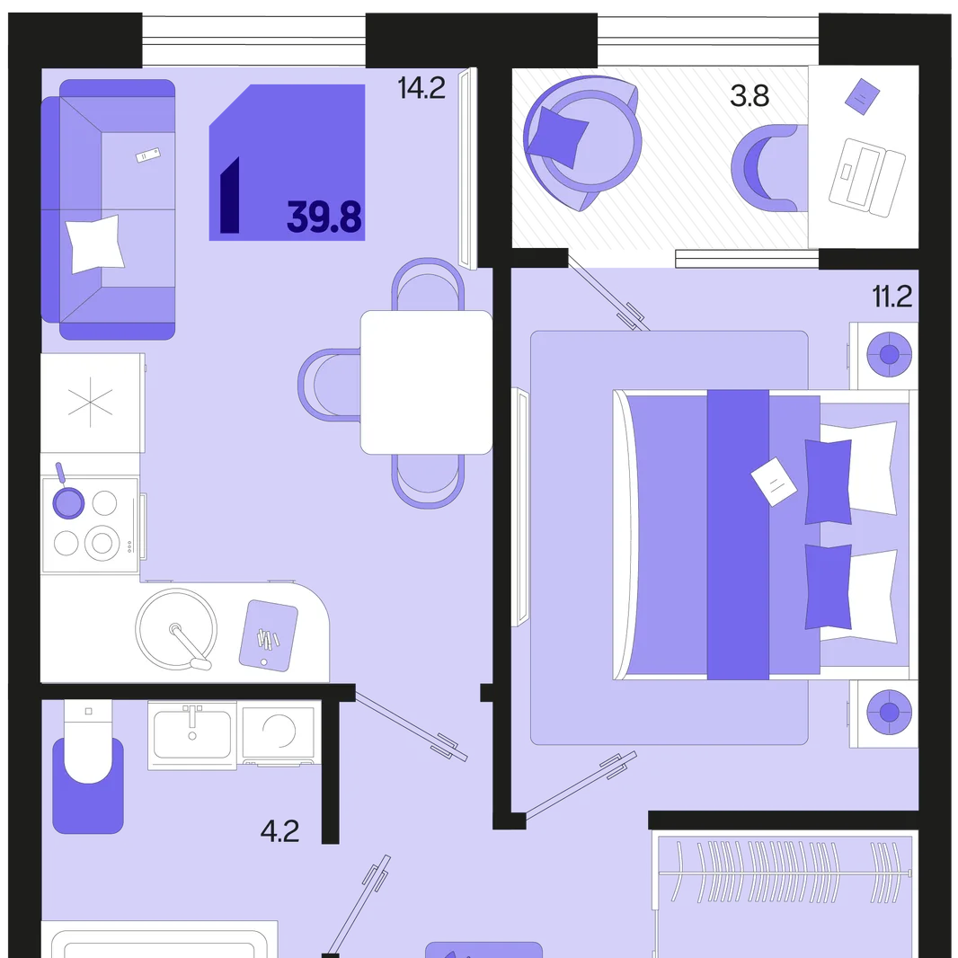 Планировка 1-комн. квартира, 39.8 м² ЖК «Первое место»