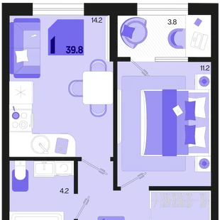 Планировка 1-комн. квартира, 39.8 м² ЖК «Первое место»
