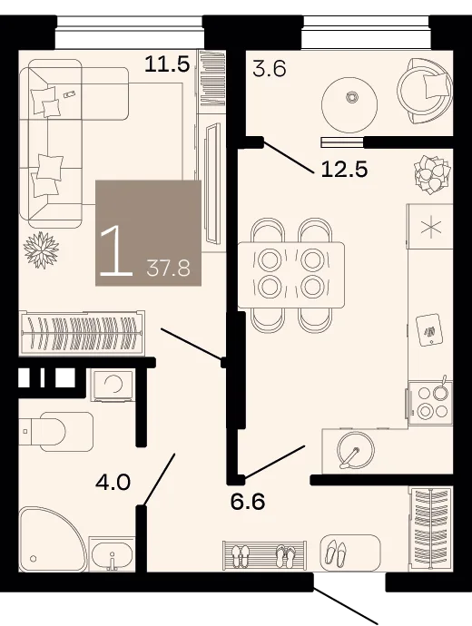Планировка 1-комн. квартира, 37.8 м² ЖК «Хозяин морей»