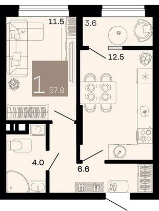 Планировка 1-комн. квартира, 37.8 м² ЖК «Хозяин морей»