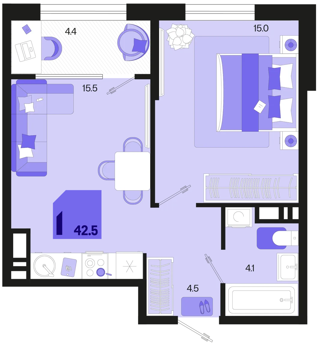 Планировка 1-комн. квартира, 43.5 м² ЖК «Первое место»