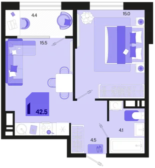 Планировка 1-комн. квартира, 43.5 м² ЖК «Первое место»
