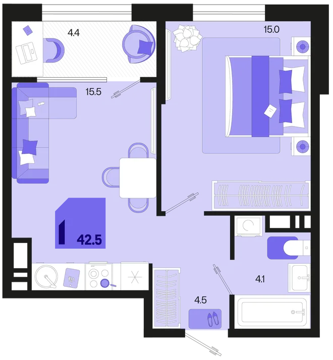Планировка 1-комн. квартира, 43.5 м² ЖК «Первое место» Планировка 1-комн. квартира, 43.5 м² ЖК «Первое место»