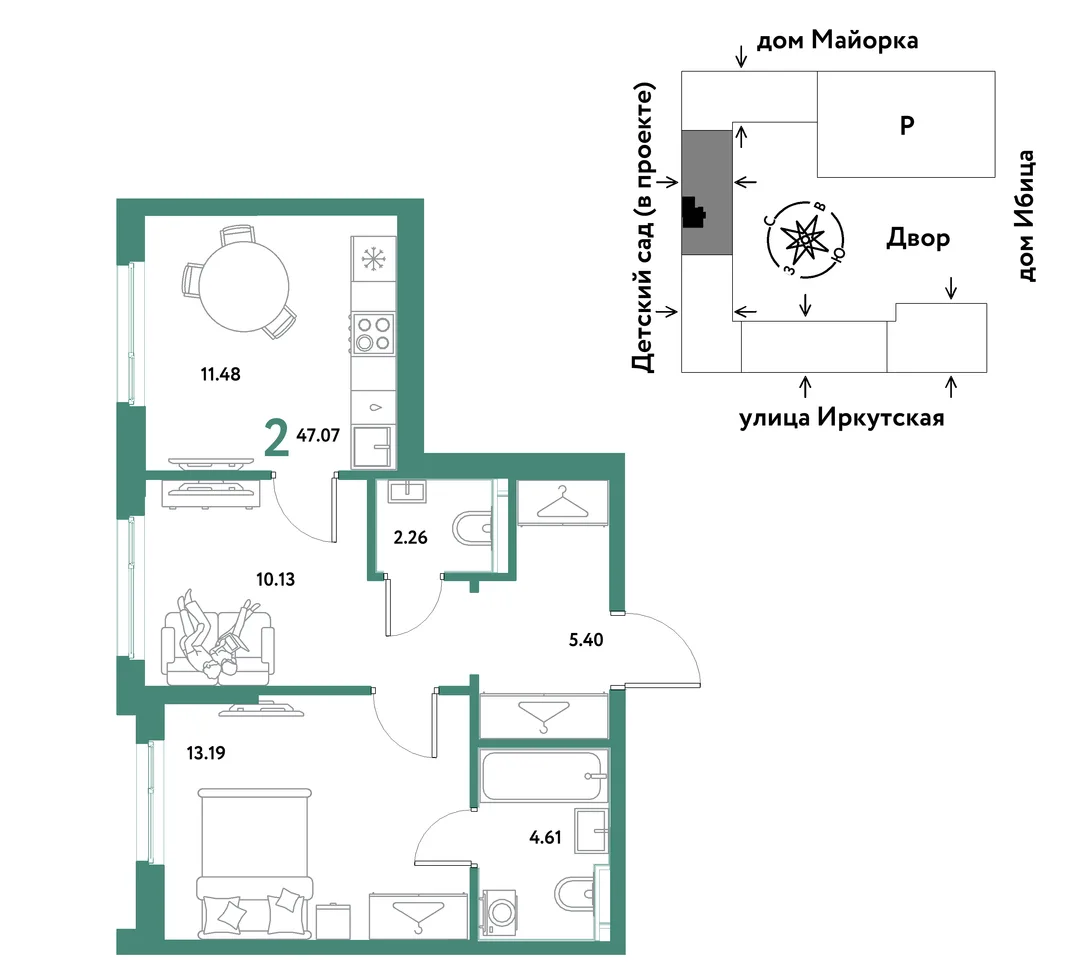 Планировка 2-комн. квартира, 47.07 м² ЖК «Остров-сад»