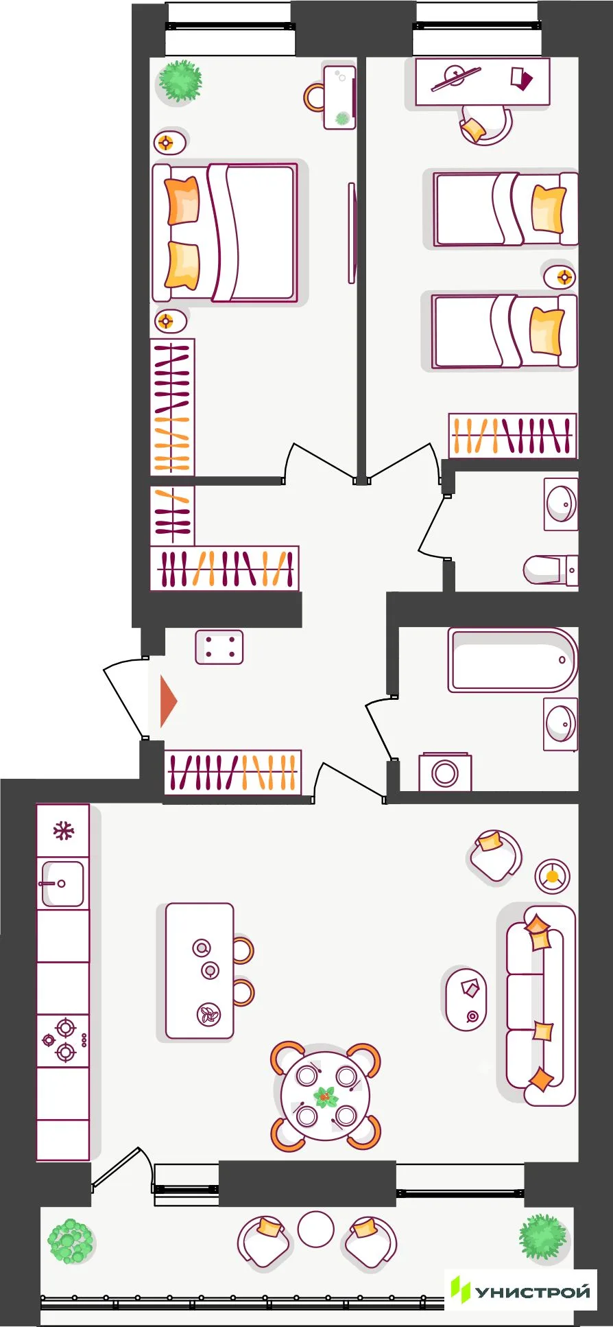 Планировка 2-комн. квартира, 68.5 м² ЖК «Южный бульвар 2»