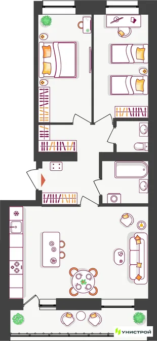 Планировка 2-комн. квартира, 68.5 м² ЖК «Южный бульвар 2»