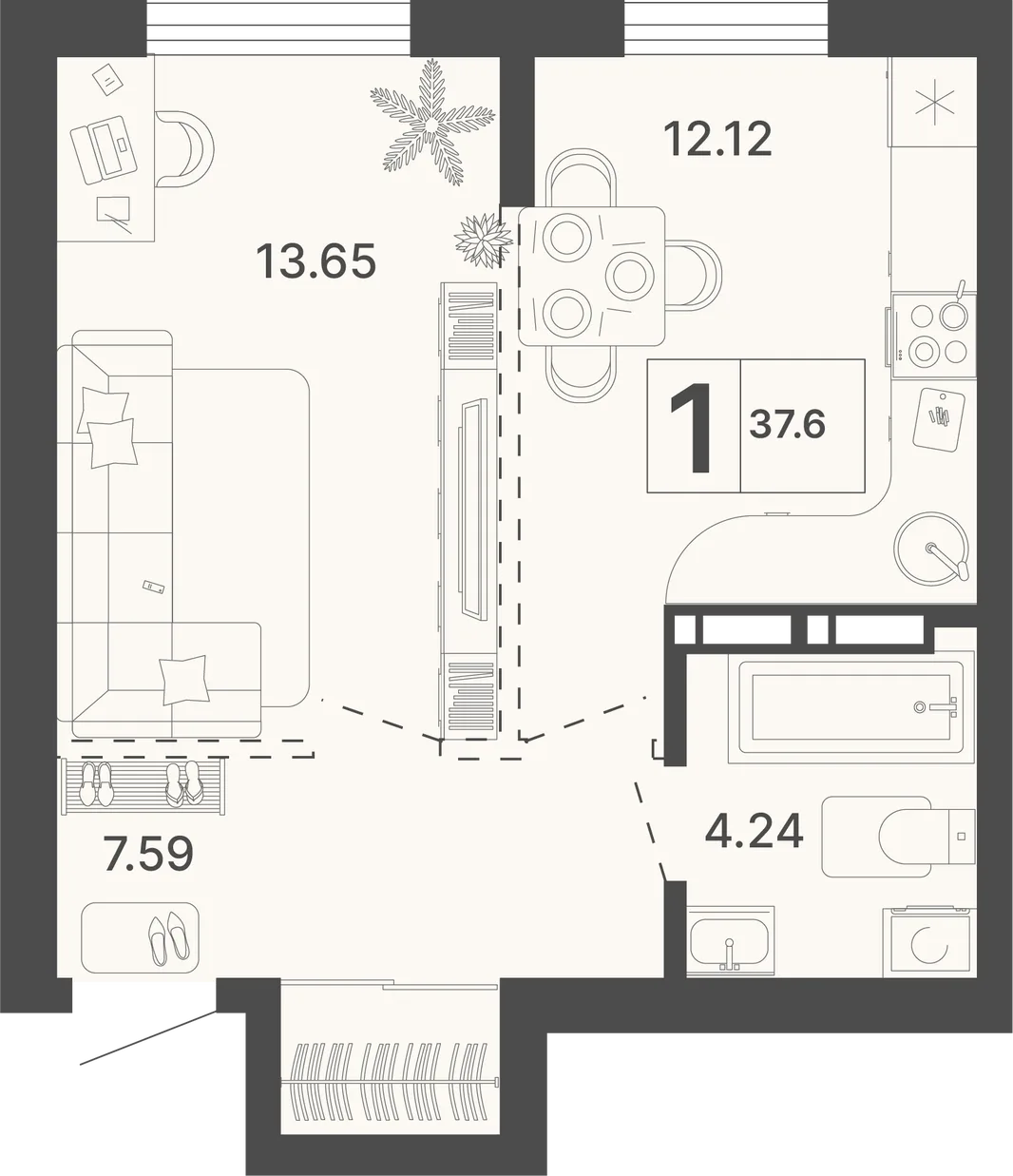 Планировка 1-комн. квартира, 37.6 м² ЖК «Светский лес»