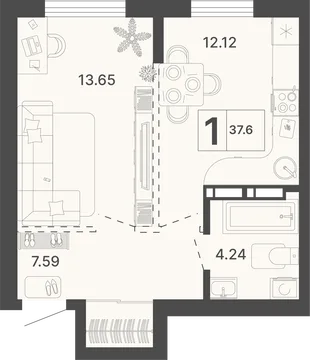 Планировка 1-комн. квартира, 37.6 м² ЖК «Светский лес»