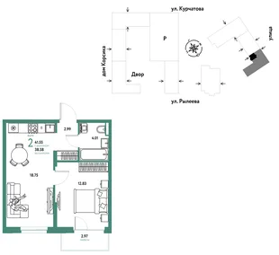 Планировка 2-комн. квартира, 41.72 м² ЖК «Остров-сад»