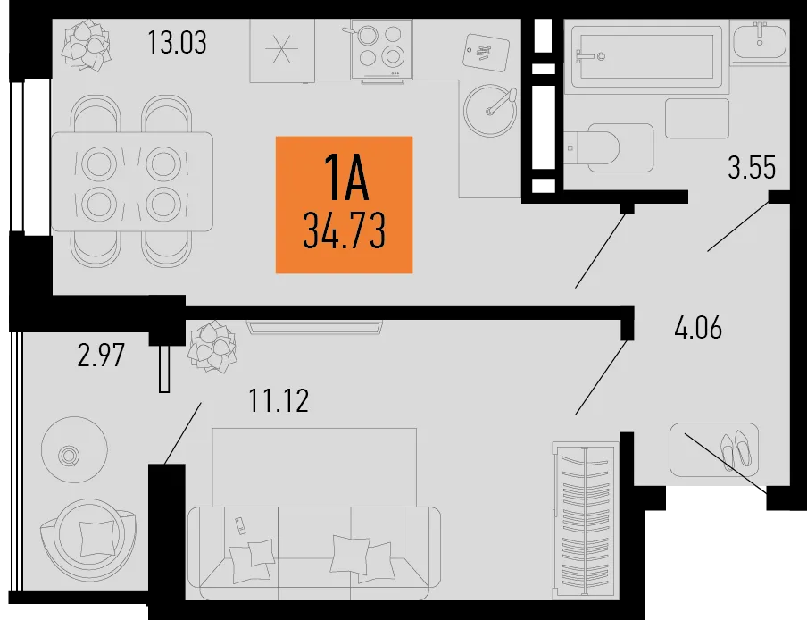 Планировка 1-комн. квартира, 34.73 м² ЖК «Столицыно»