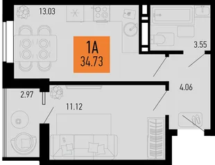 Планировка 1-комн. квартира, 34.73 м² ЖК «Столицыно»