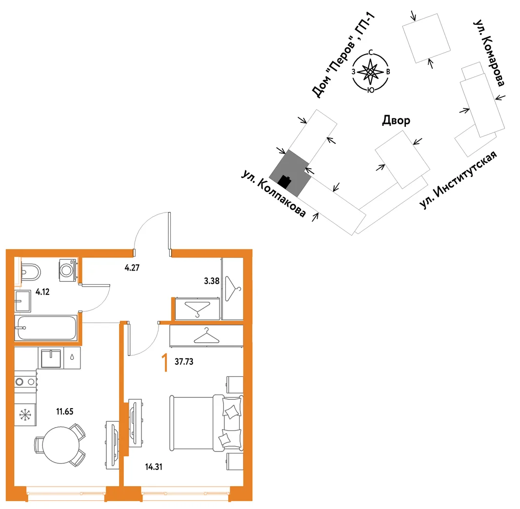 Планировка 1-комн. квартира, 37.73 м² ЖК «Страна.Парковая»