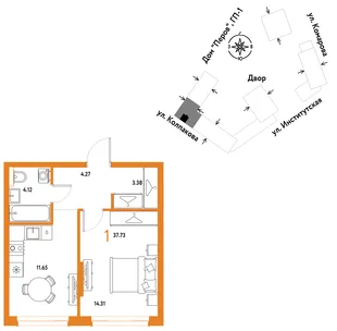 Планировка 1-комн. квартира, 37.73 м² ЖК «Страна.Парковая»
