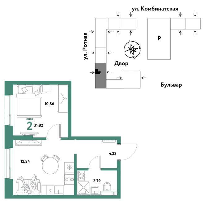 Планировка 2-комн. квартира, 31.82 м² ЖК «Уральский сад» Планировка 2-комн. квартира, 31.82 м² ЖК «Уральский сад»