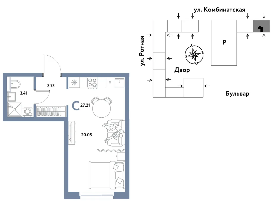 Планировка Студия, 27.12 м² ЖК «Уральский сад»