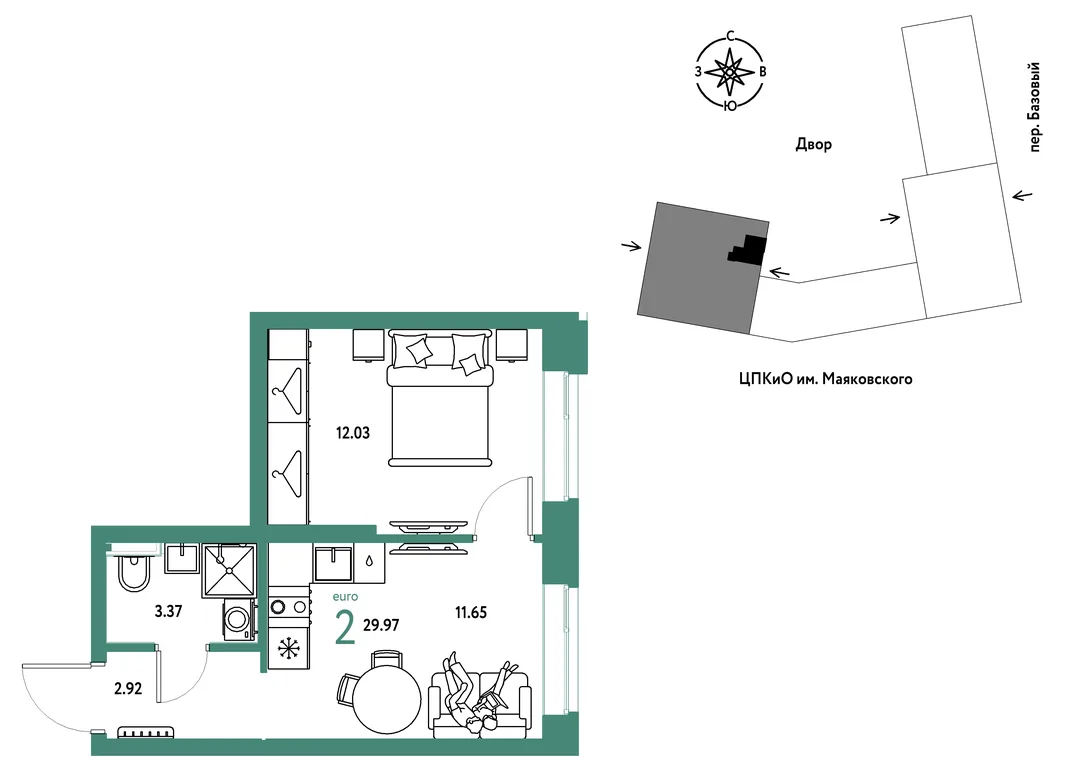 Планировка 2-комн. квартира, 29.97 м² ЖК «Сибирский сад»
