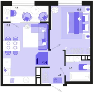 Планировка 1-комн. квартира, 41.4 м² ЖК «Первое место»