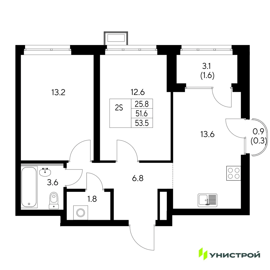 Планировка 2-комн. квартира, 53.5 м² ЖК «Стадиум»