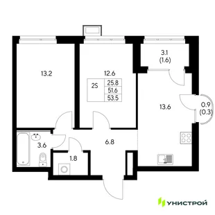 Планировка 2-комн. квартира, 53.5 м² ЖК «Стадиум»