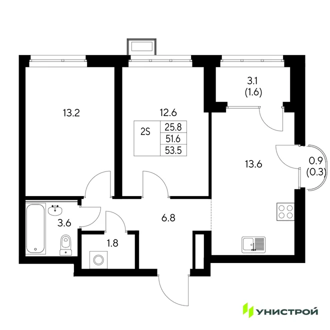 Планировка 2-комн. квартира, 53.5 м² ЖК «Стадиум» Планировка 2-комн. квартира, 53.5 м² ЖК «Стадиум»
