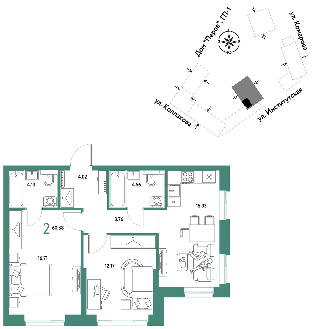 Планировка 2-комн. квартира, 60.38 м² ЖК «Страна.Парковая»