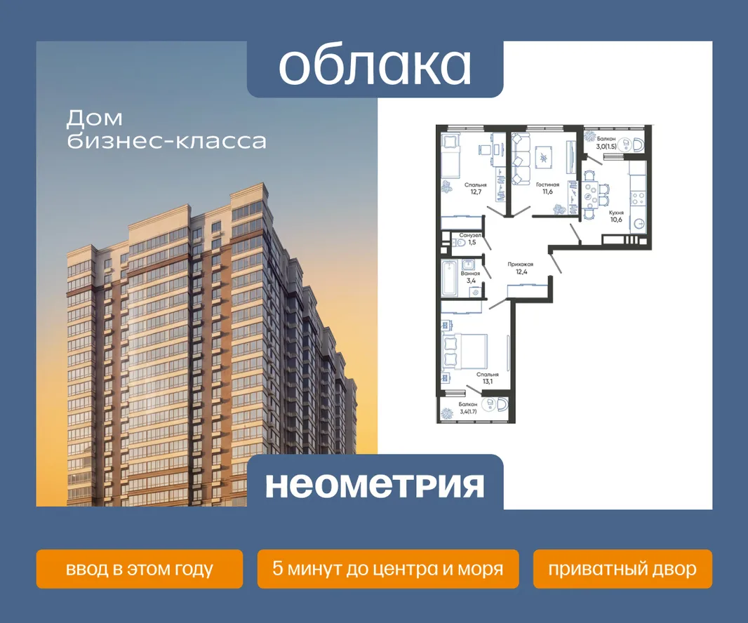 Планировка 3-комн. квартира, 68.5 м² ЖК «Облака»