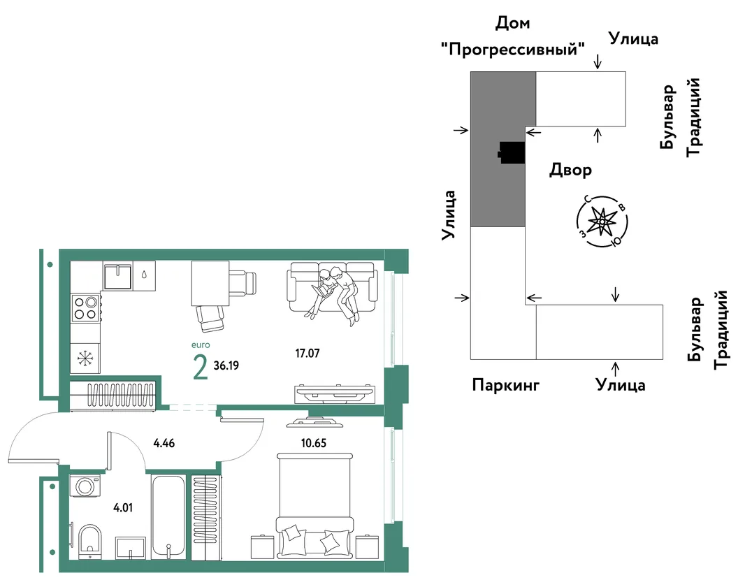 Планировка 2-комн. квартира, 36.19 м² ЖК «Микрорайон Домашний»