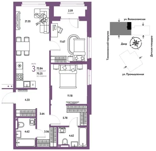 Планировка 3-комн. квартира, 72.84 м² ЖК «Страна Прибрежная»