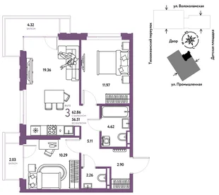 Планировка 3-комн. квартира, 62.86 м² ЖК «Страна Прибрежная»