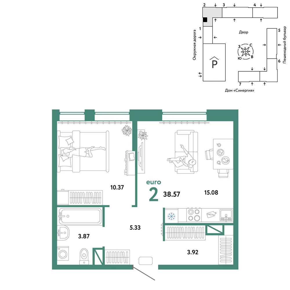Планировка 2-комн. квартира, 38.57 м² ЖК «Юнион»