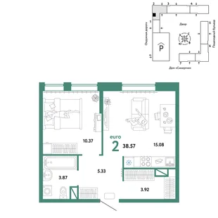 Планировка 2-комн. квартира, 38.57 м² ЖК «Юнион»