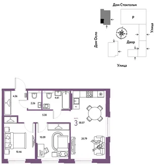 Планировка 3-комн. квартира, 58.07 м² ЖК «Европейский берег 2.0»
