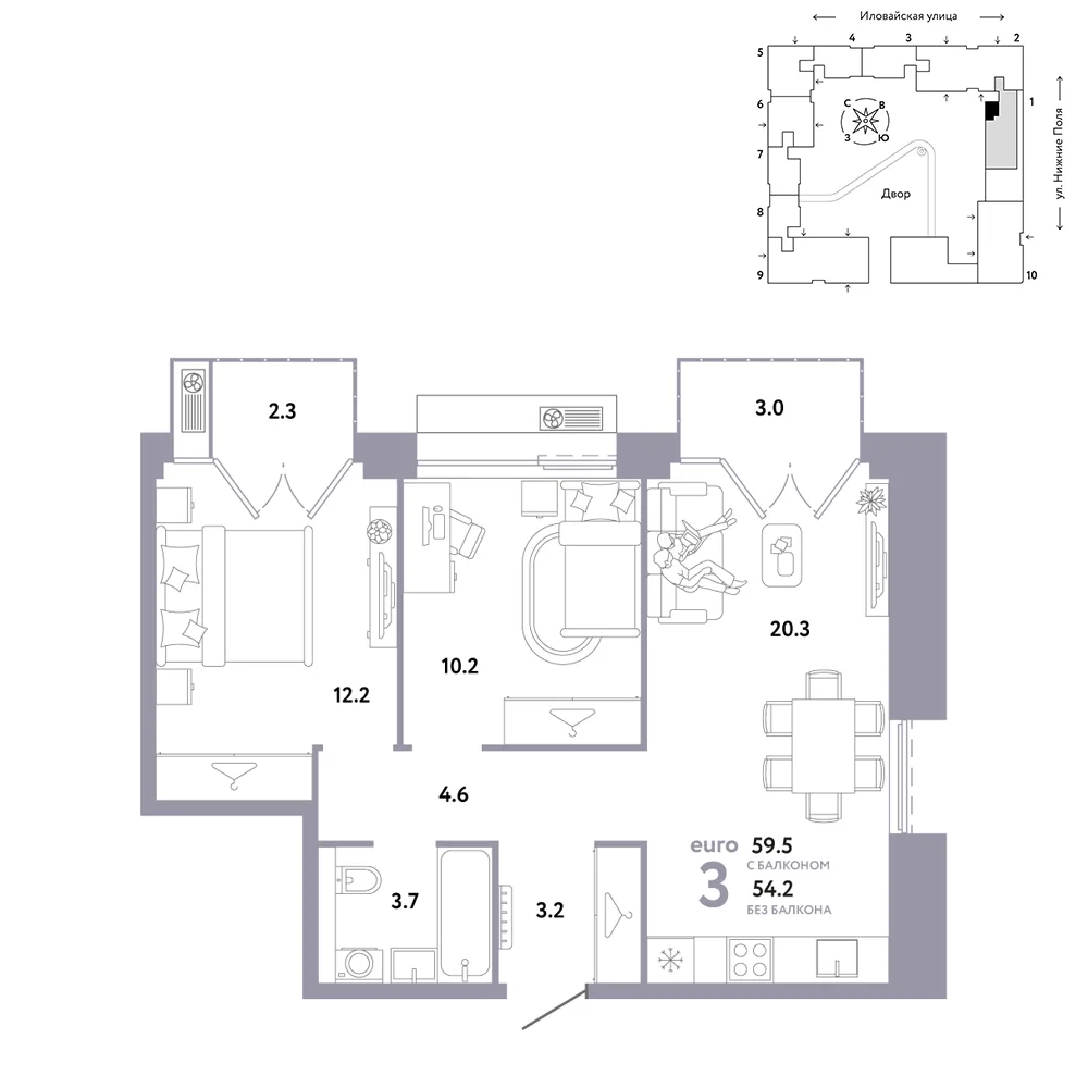 Планировка 3-комн. квартира, 59.5 м² ЖК «Страна.Заречная»