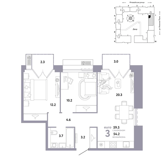 Планировка 3-комн. квартира, 59.5 м² ЖК «Страна.Заречная» Планировка 3-комн. квартира, 59.5 м² ЖК «Страна.Заречная»